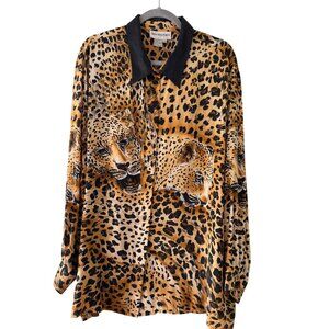 Bloomingdales Womens Silk Cheetah Print Button-Up Shirt Genuine Leather Collar